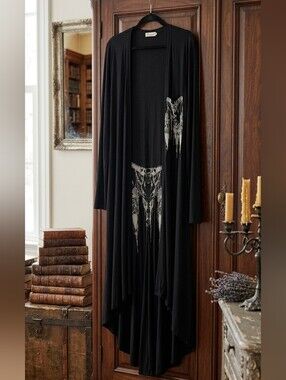 Black Long Sleeve Dress with Feather Design